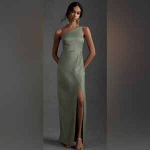 BHLDN One-Shoulder Olive Green Satin Gown